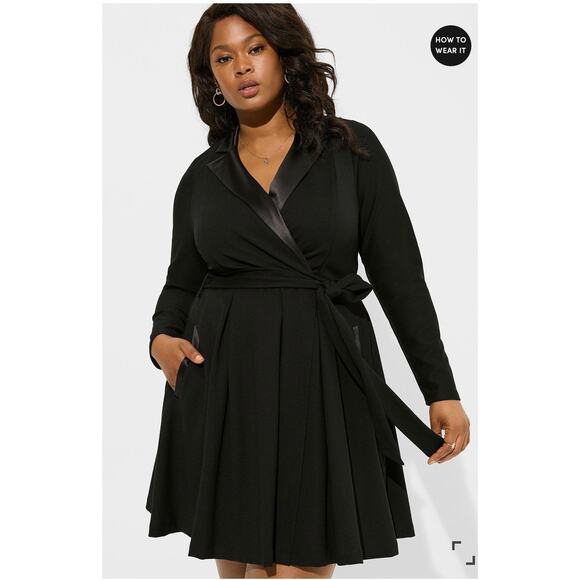 Torrid Womens Mini Tuxedo Dress Plus Size 20 Black Long Sleeve Short Tie Belt - Picture 2 of 13